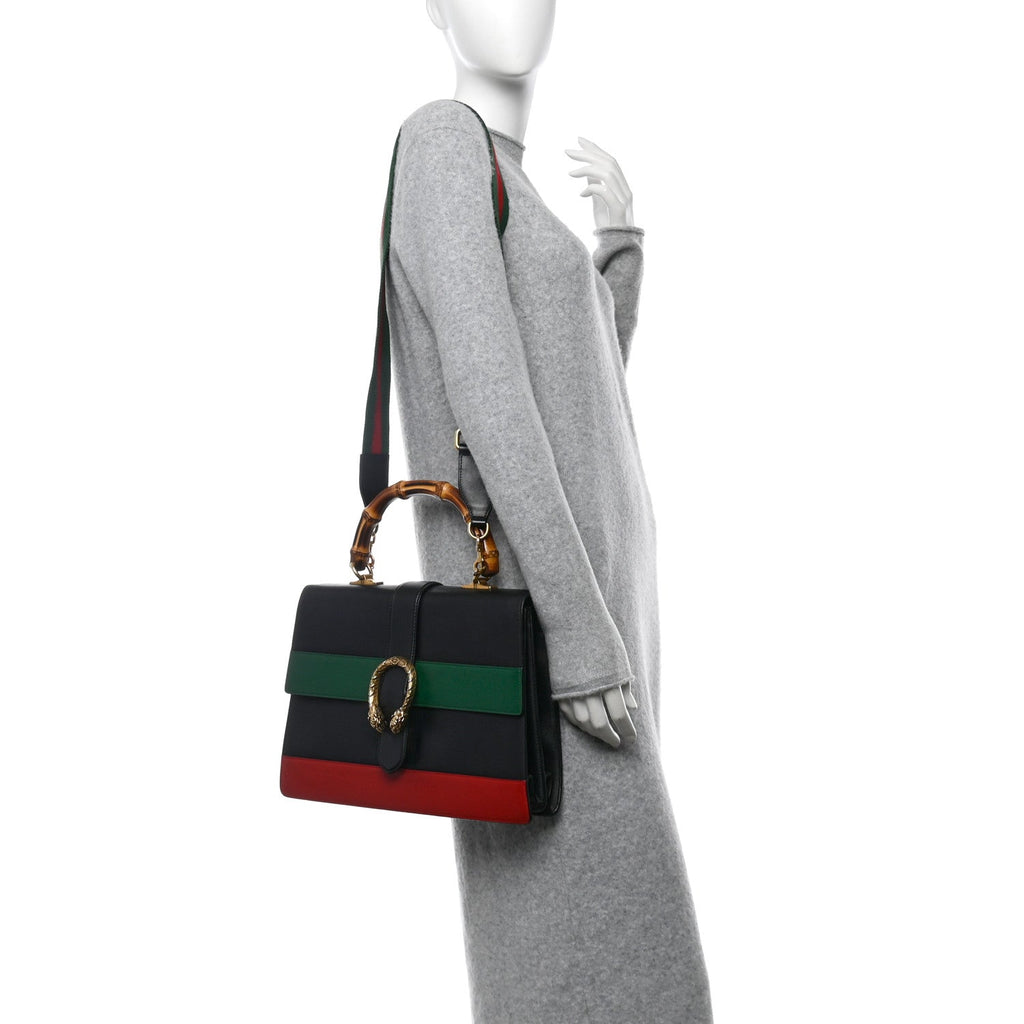 Calfskin Bamboo Web Large Dionysus Top Handle Bag Black Bright Evergreen Hibiscus Red