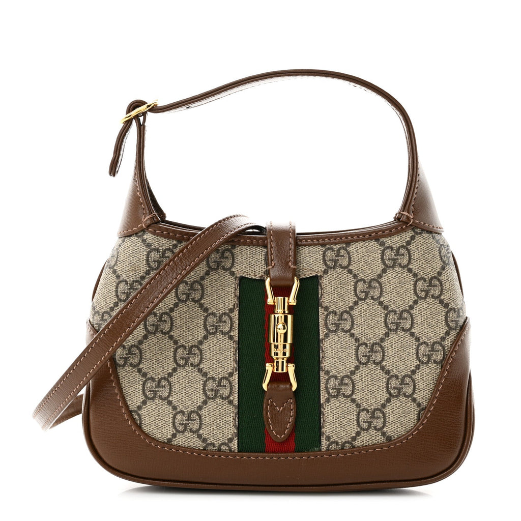GG Supreme Monogram Azalea Calfskin Web Mini Jackie 1961 Hobo Beige Ebony Brown Sugar