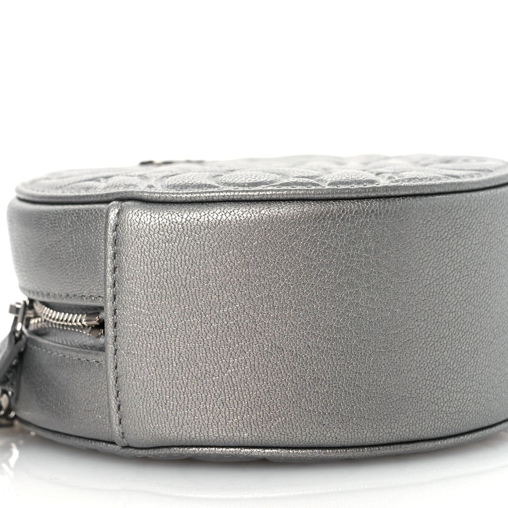 Goatskin Camellia Embossed Round Clutch With Chain Grey