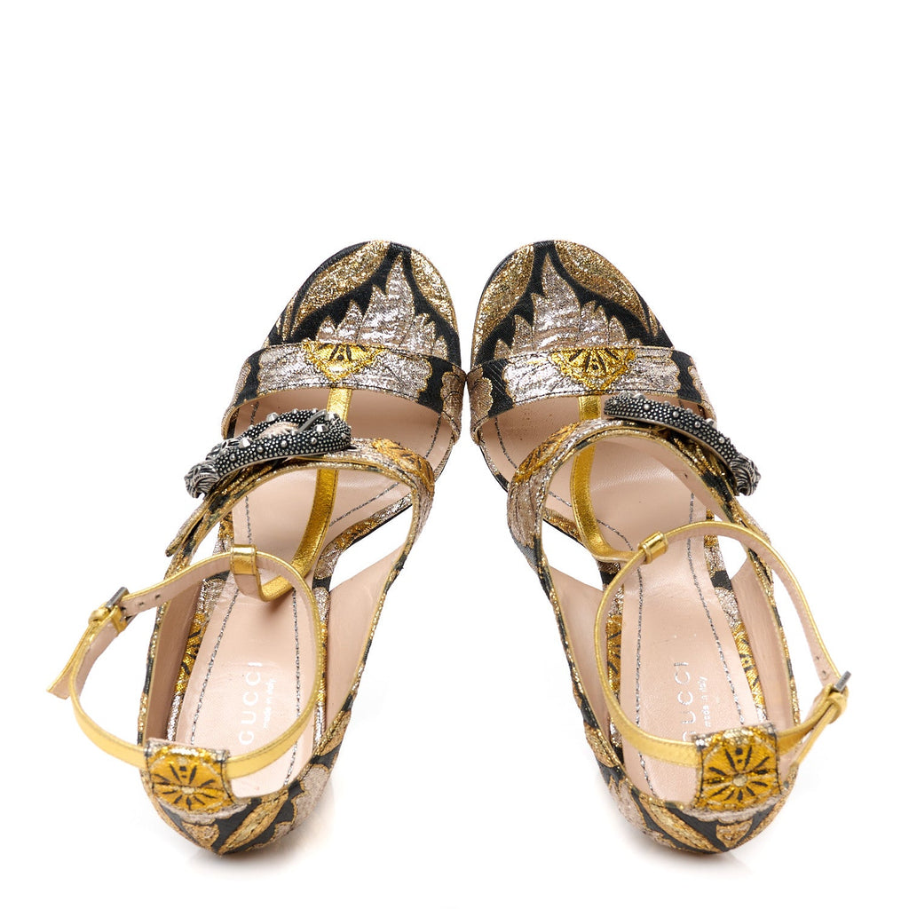 Brocade Floral Dionysus T-Strap High Heel Sandals 40 Oro