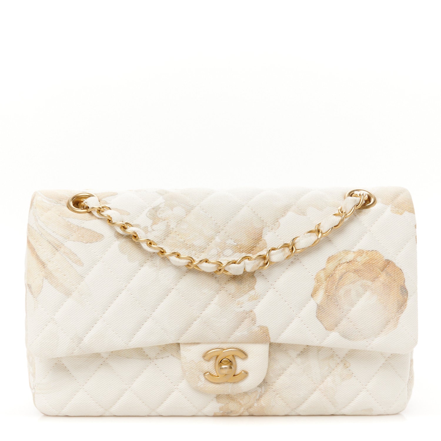 Denim Floral Printed Medium Double Flap Beige