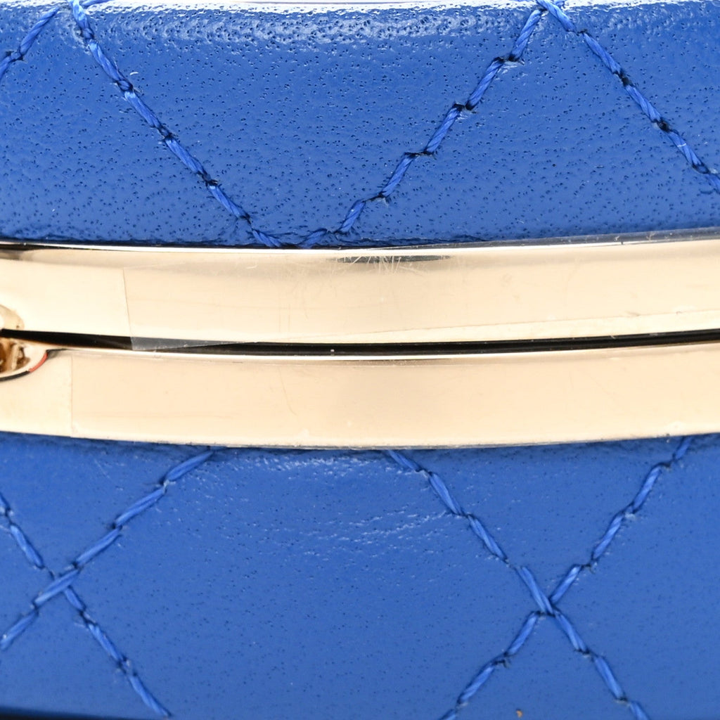Lambskin Enamel Quilted Round Poker Chip Clutch With Chain Blue White
