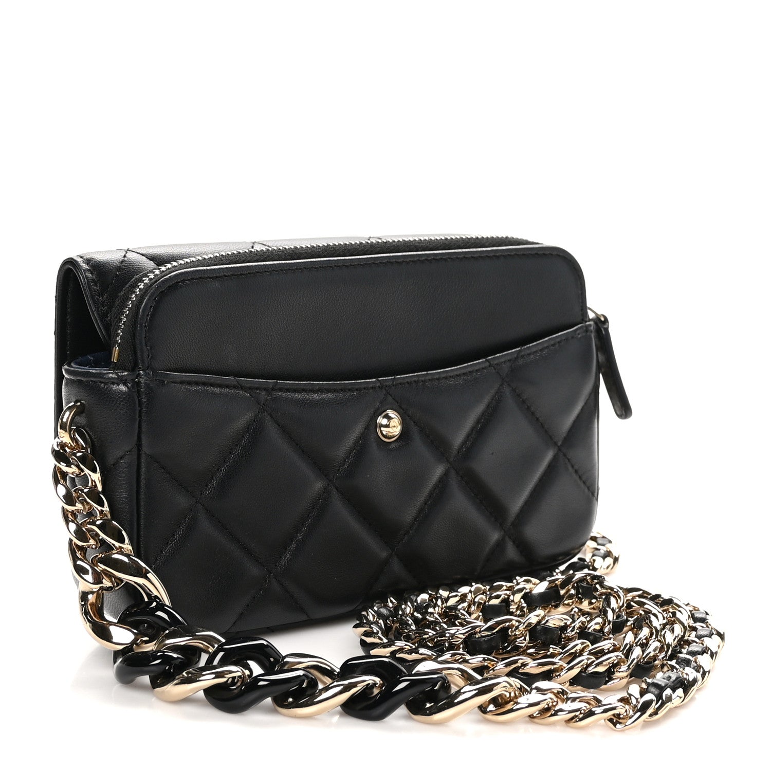 Lambskin Quilted Resin Bi-Color Flap Phone Holder With Chain Black