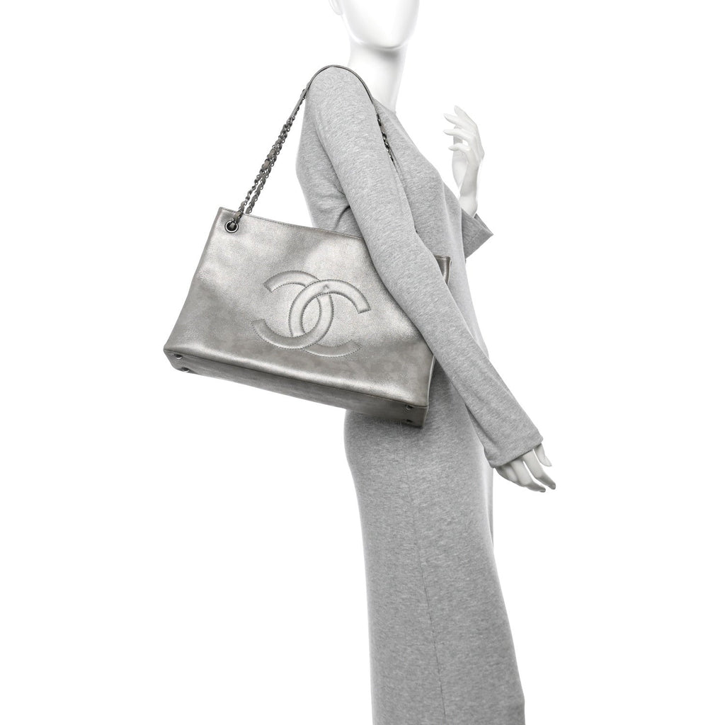Iridescent Calfskin CC East West Shopping Tote Light Grey