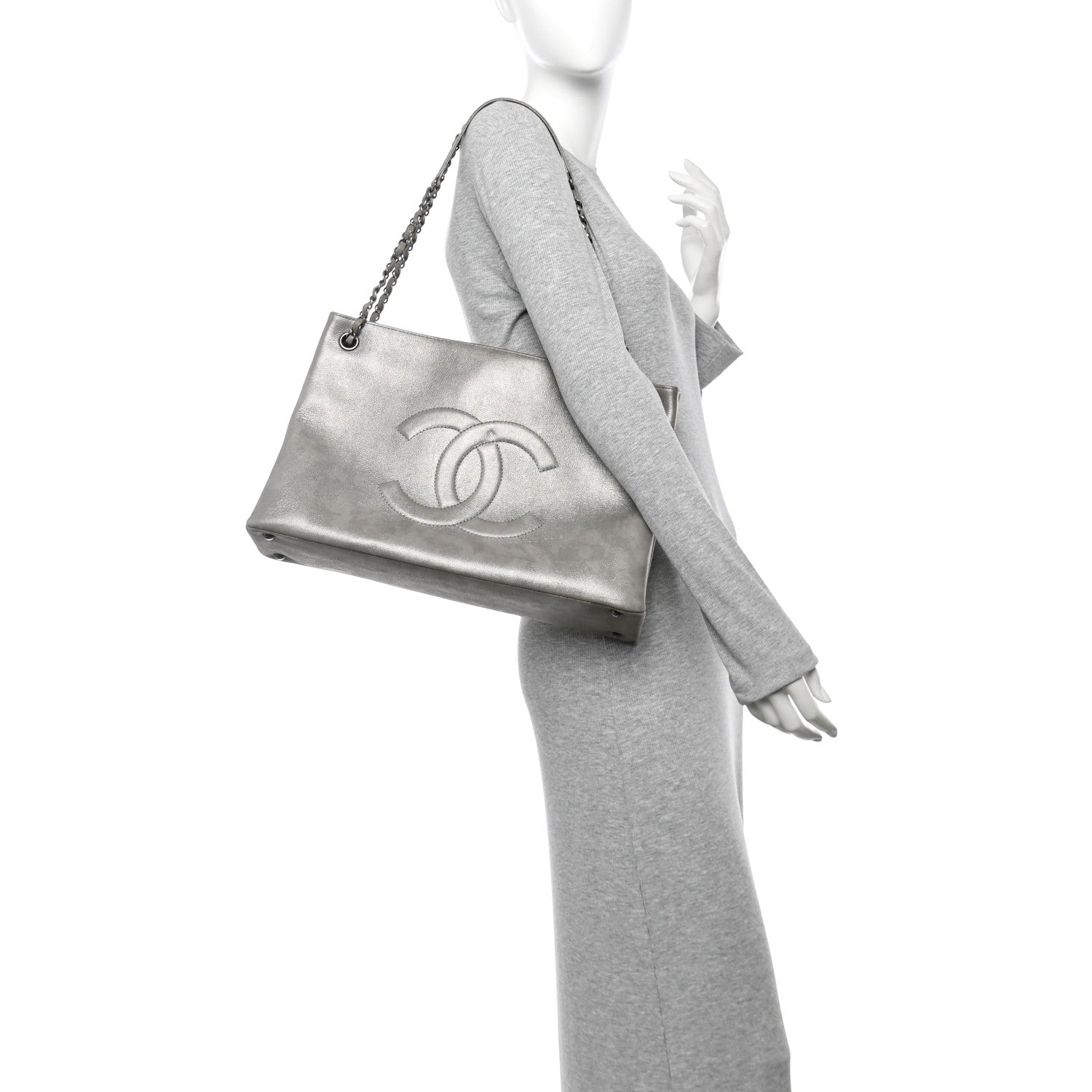 Iridescent Calfskin CC East West Shopping Tote Light Grey