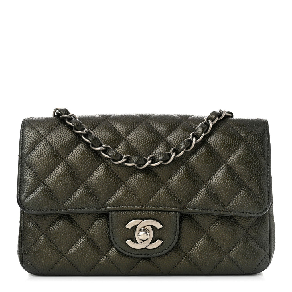 Metallic Caviar Quilted Mini Rectangular Flap Dark Grey