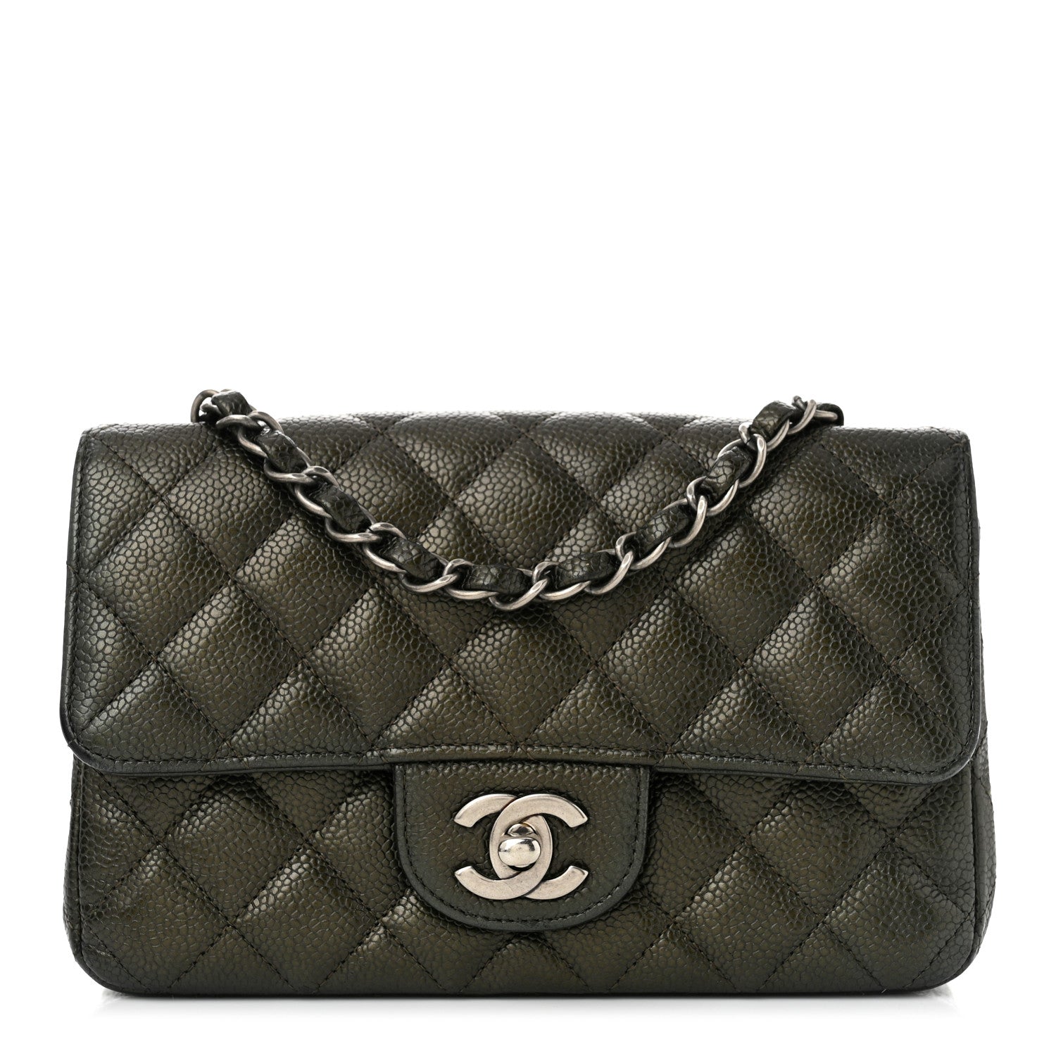 Metallic Caviar Quilted Mini Rectangular Flap Dark Grey