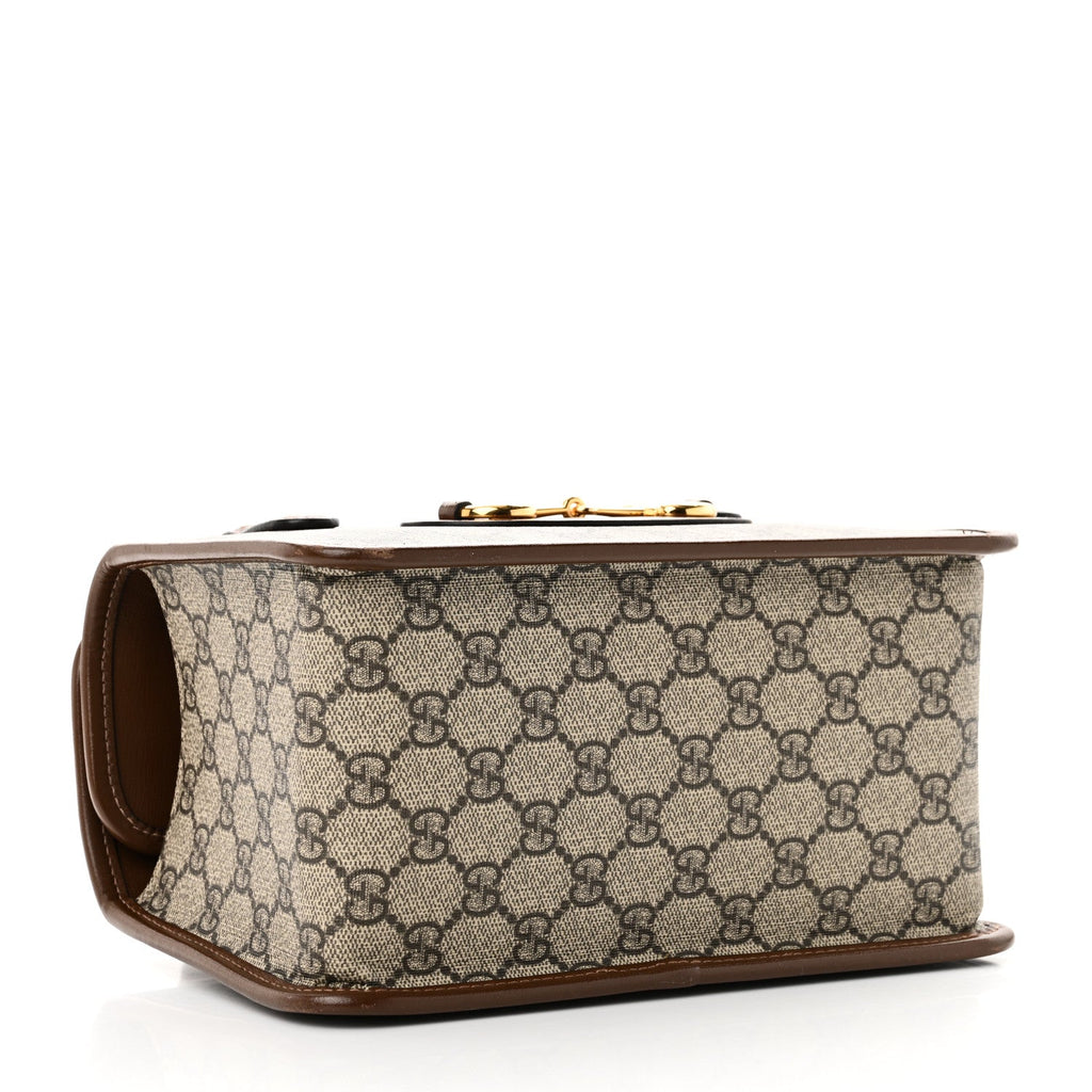 GG Supreme Monogram Azalea Calfskin Mini Horsebit 1955 Foldover Top Handle Bag Beige Ebony Brown Sugar