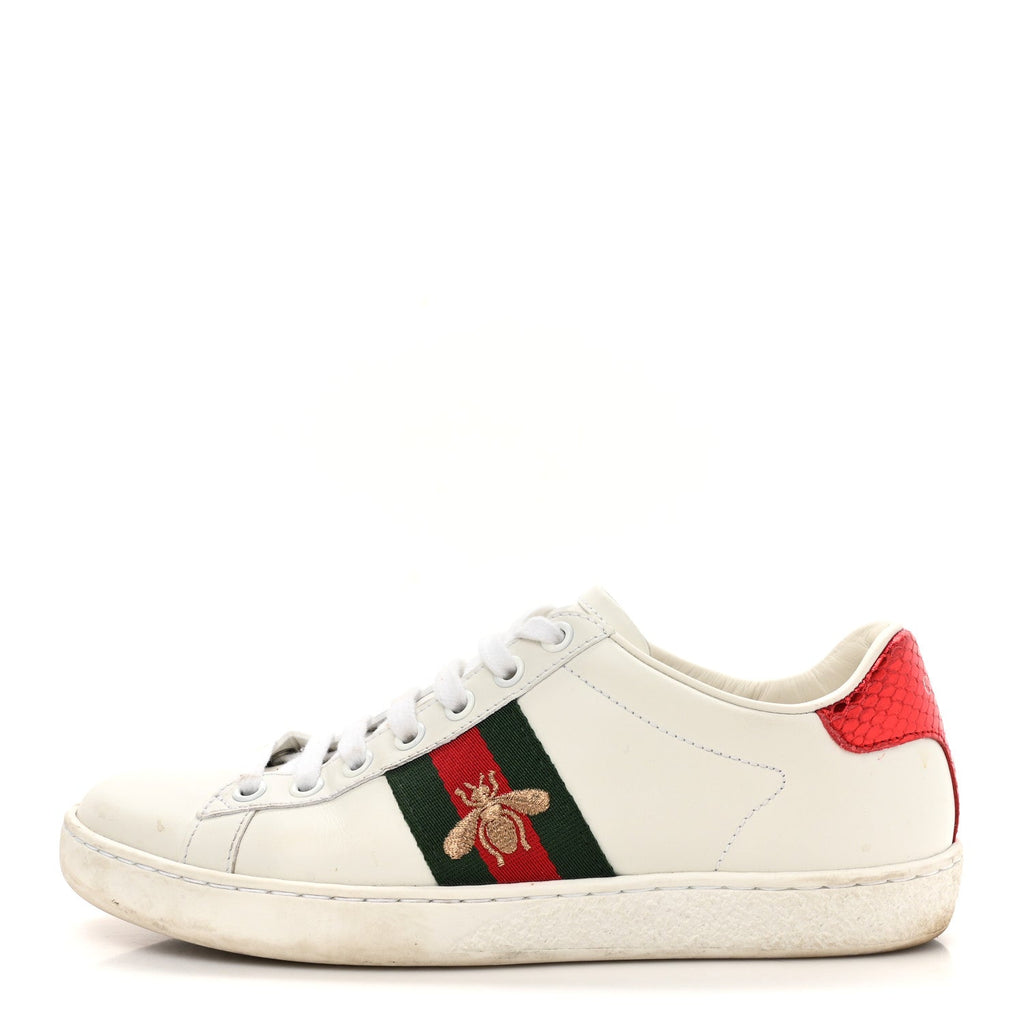 Calfskin Ayers Bee Embroidered Womens Ace Sneakers 36 White Green