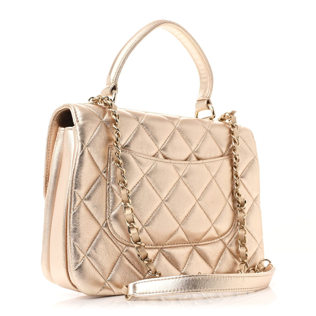Metallic Lambskin Quilted Small Trendy CC Flap Dual Handle Bag Gold