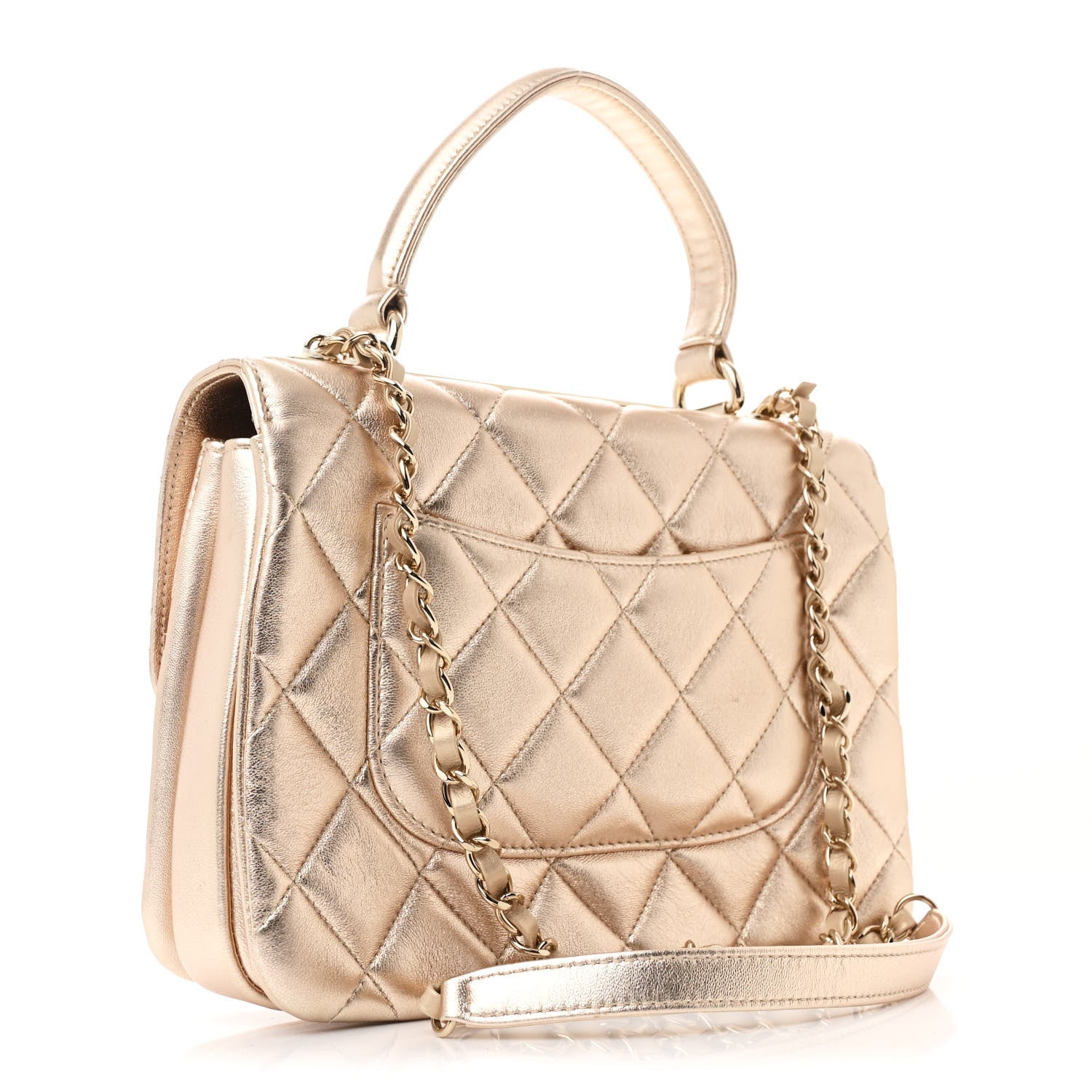 Metallic Lambskin Quilted Small Trendy CC Flap Dual Handle Bag Gold