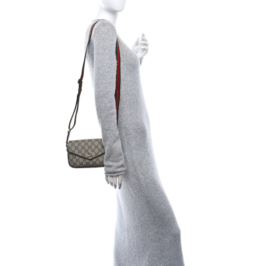GG Supreme Monogram Textured Dollar Calfskin Web Mini Ophidia Envelope Shoulder Bag Beige Ebony