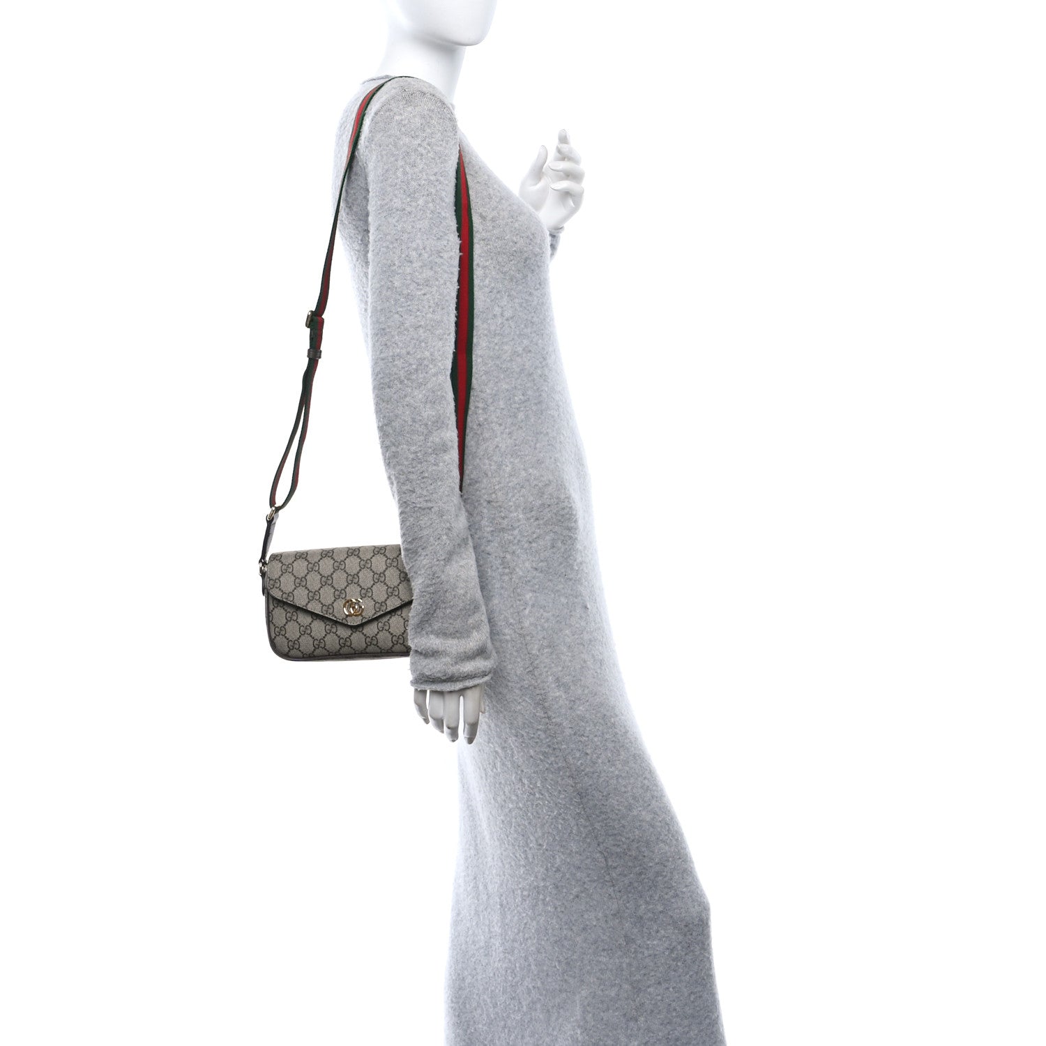 GG Supreme Monogram Textured Dollar Calfskin Web Mini Ophidia Envelope Shoulder Bag Beige Ebony