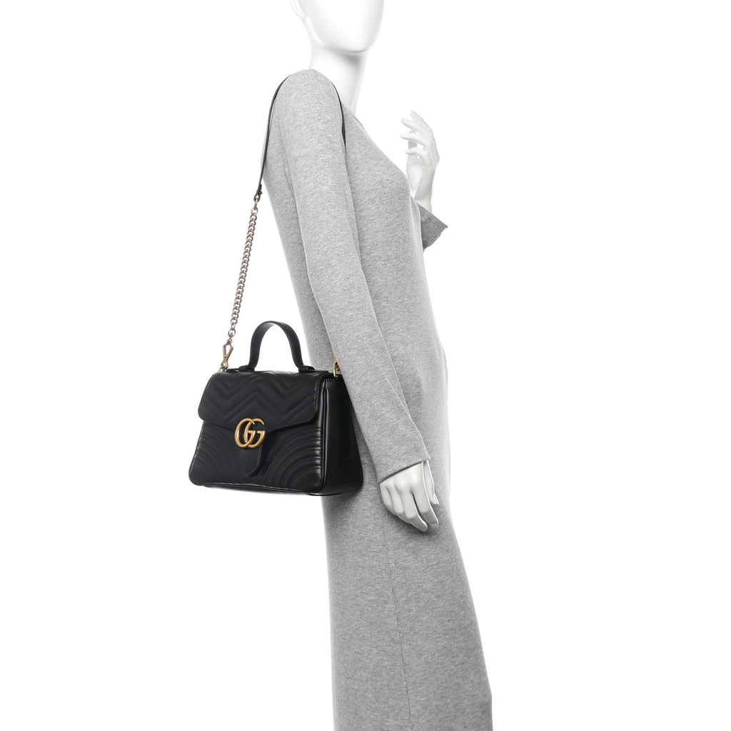 Calfskin Matelasse Small GG Marmont Top Handle Shoulder Bag Black