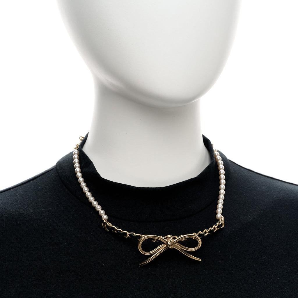 Calfskin Pearl Metal CC Bow Choker Necklace Gold White Black