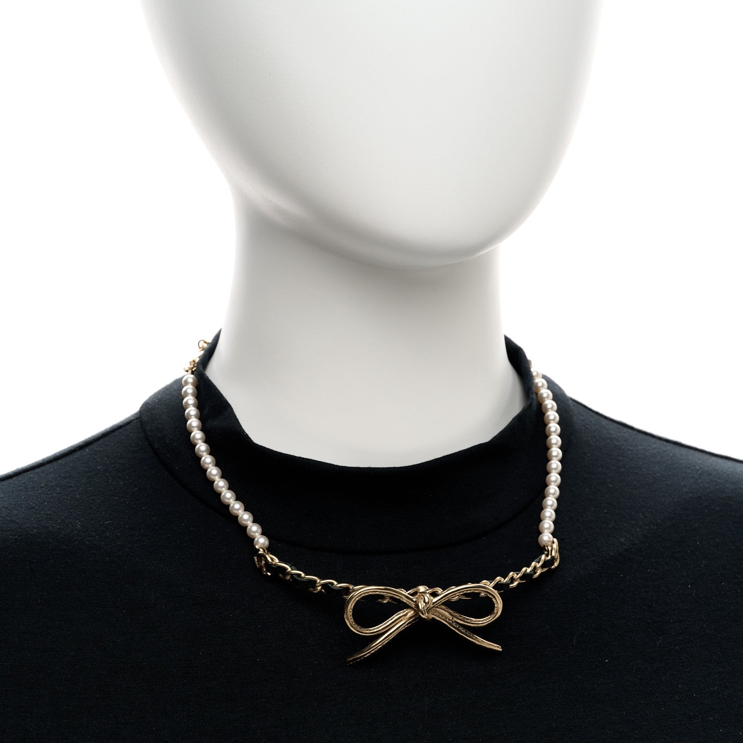 Calfskin Pearl Metal CC Bow Choker Necklace Gold White Black