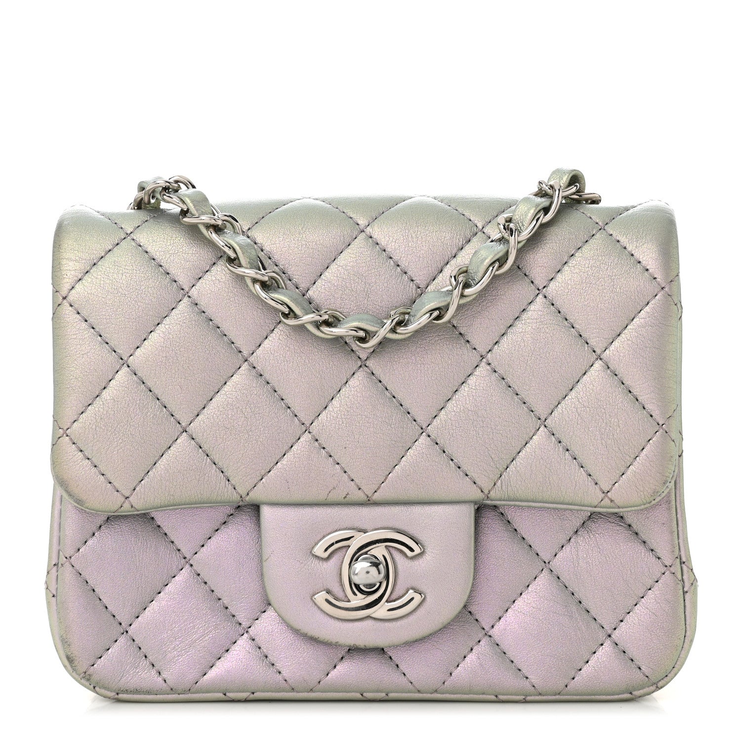 Iridescent Lambskin Quilted Mini Square Flap Light Purple