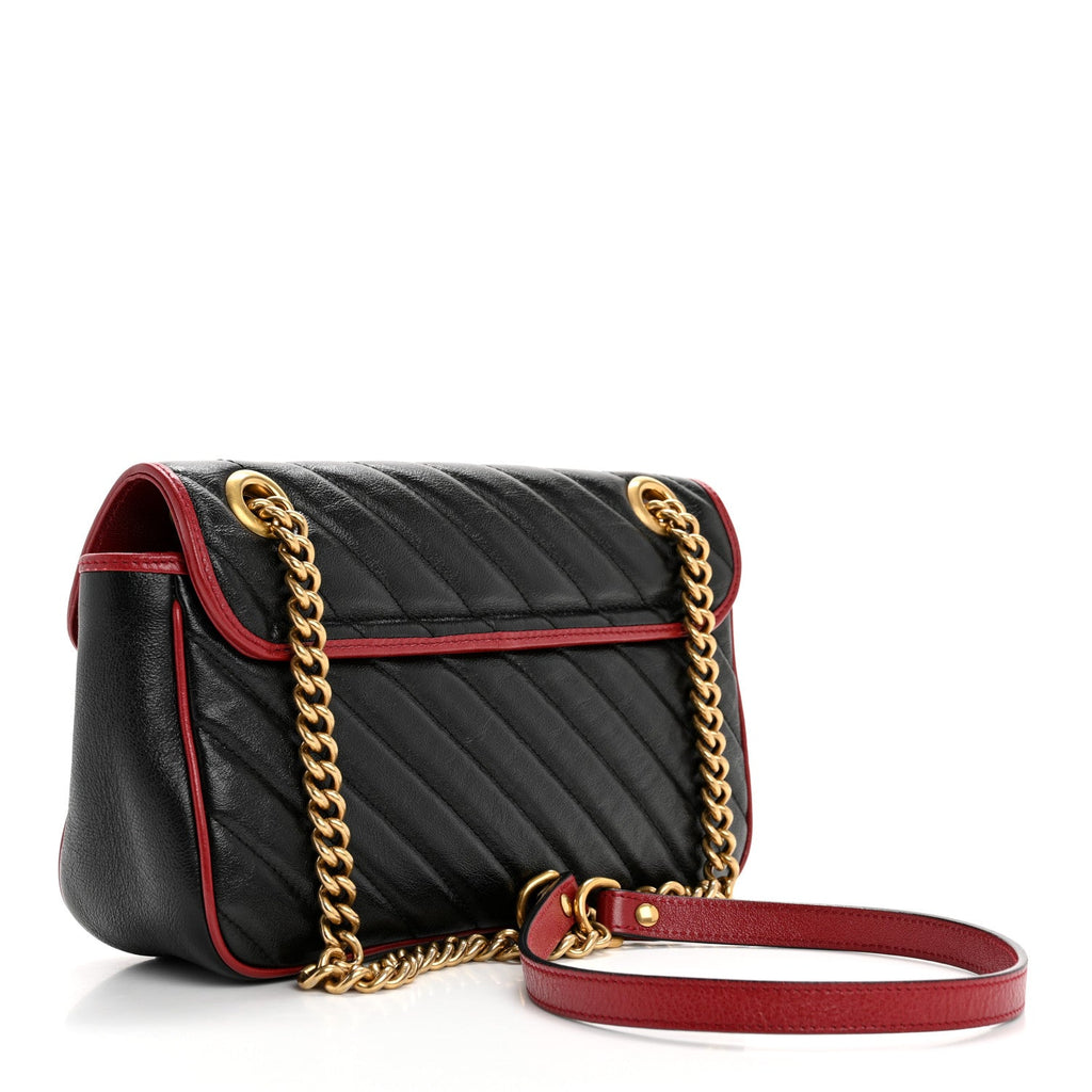 Vintage Effect Calfskin Matelasse Diagonal Small Torchon GG Marmont Shoulder Bag Black Romantic Cherry