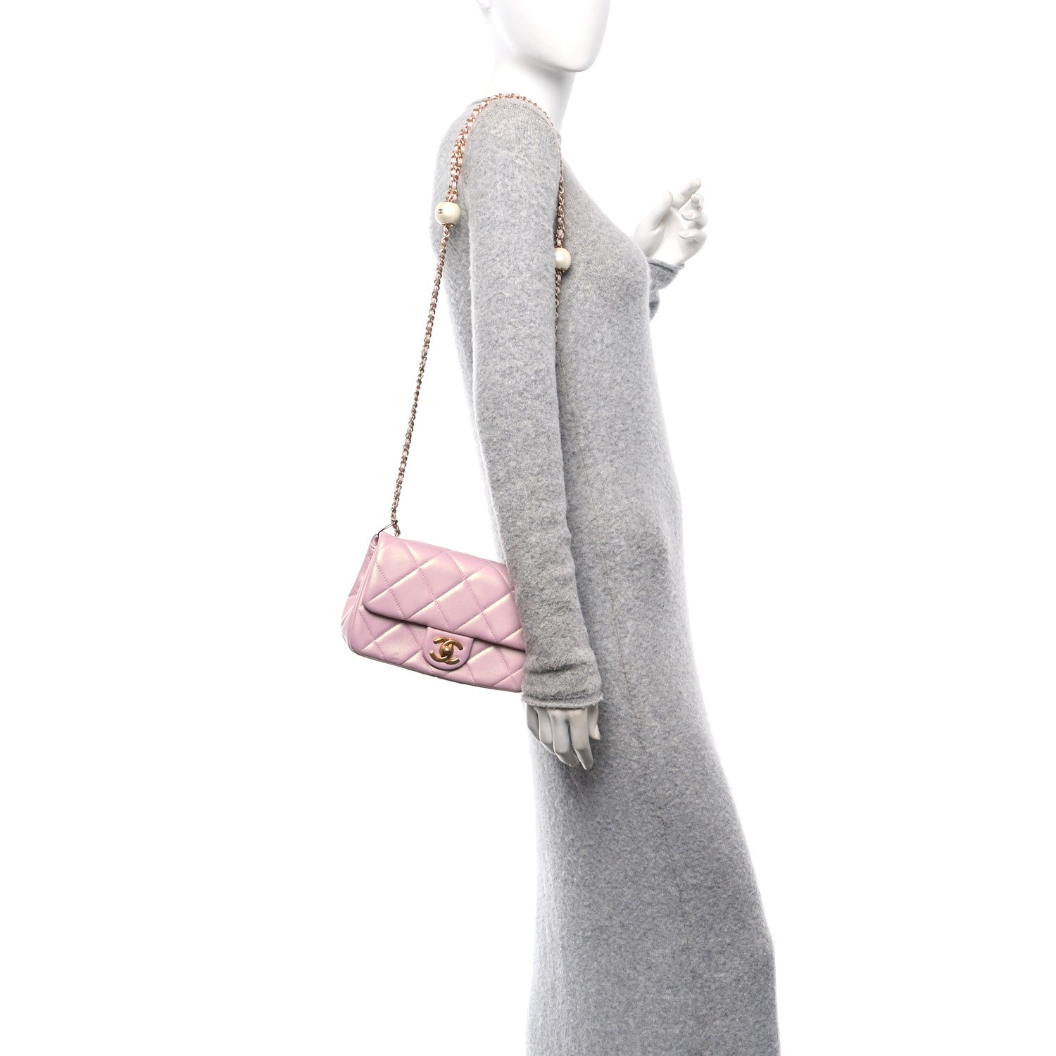 Pearly Lambskin Pearl Quilted Small Flap Pink