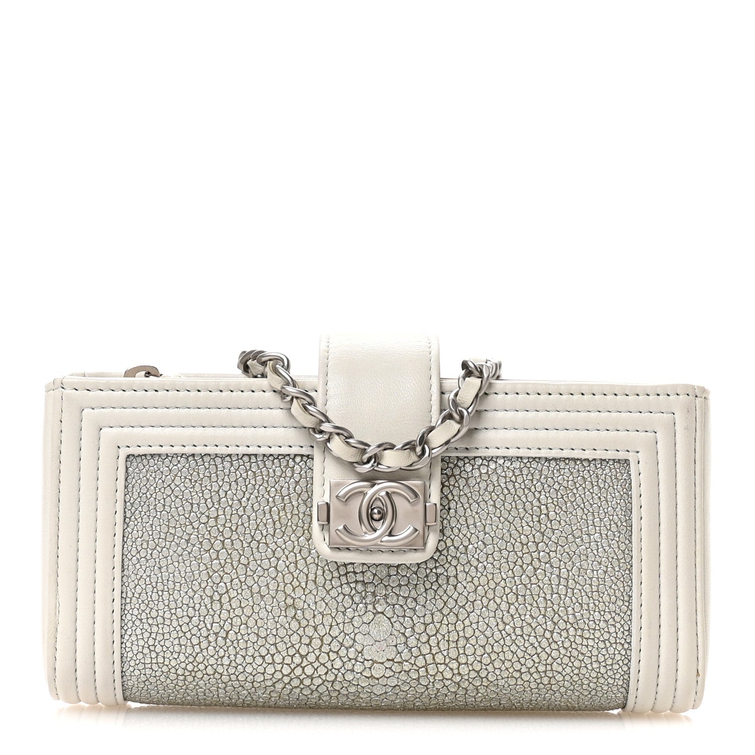 Metallic Galuchat Stingray Lambskin Mini Clutch With Removable Chain Silver