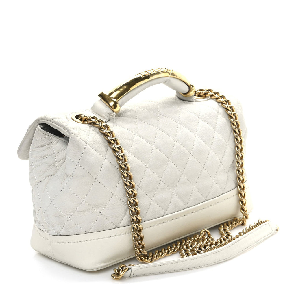 Iridescent Caviar Quilted Medium Globe Trotter Flap White