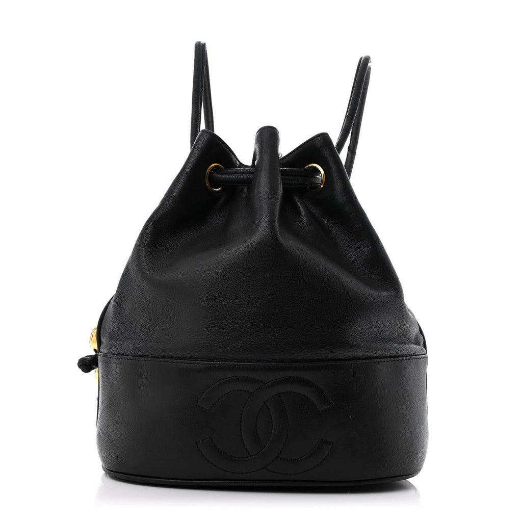 Lambskin CC Stitched Drawstring Bucket Bag Black