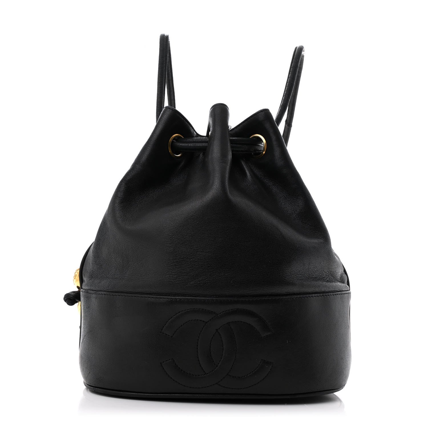 Lambskin CC Stitched Drawstring Bucket Bag Black