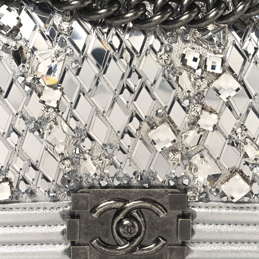 Metallic Calfskin Crystal Embroidered Small Boy Flap Silver