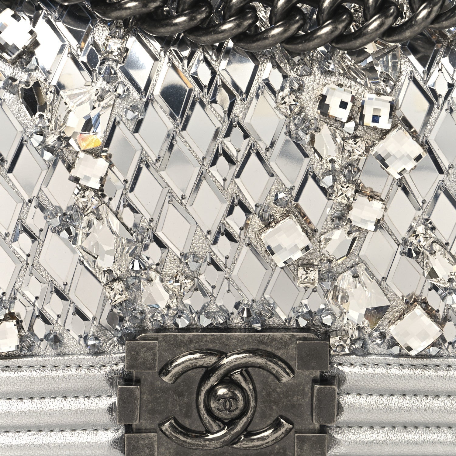 Metallic Calfskin Crystal Embroidered Small Boy Flap Silver