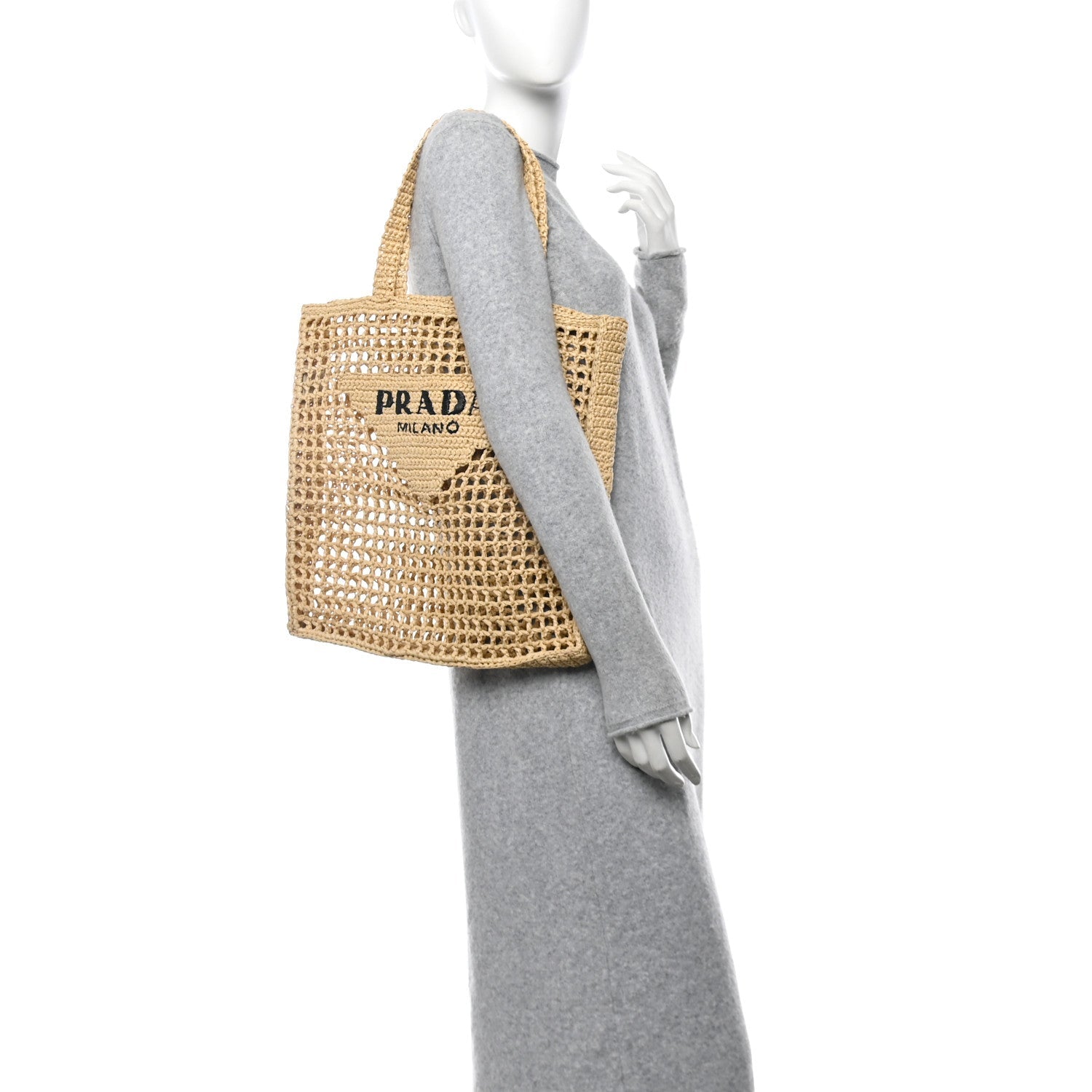 Yarn Raffia Effect Crochet Logo Embroidered Tote Bag Naturale
