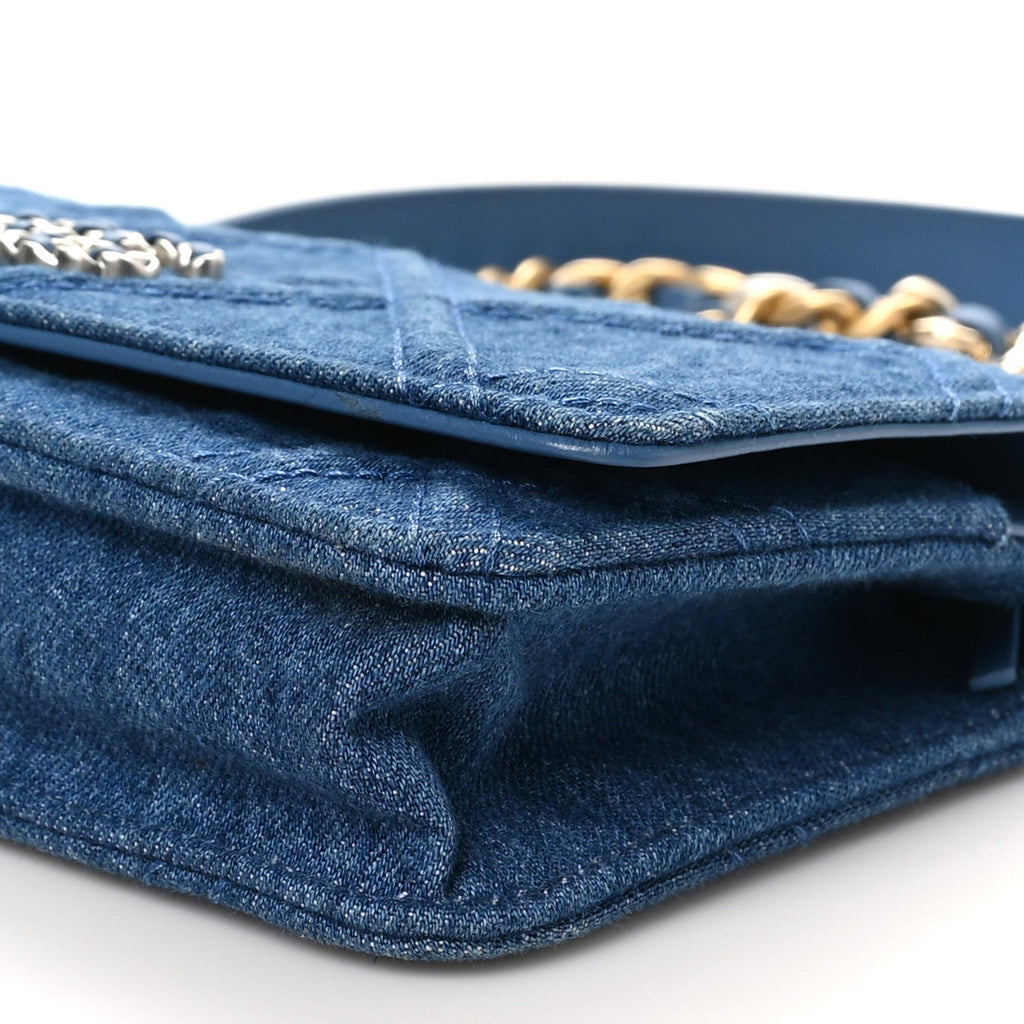 Denim Quilted Chanel 19 Wallet On Chain WOC Blue