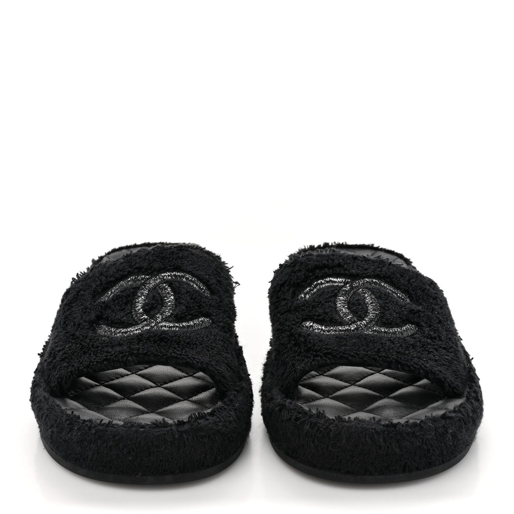 Terry Cloth Lambskin CC Sandals 36 Black