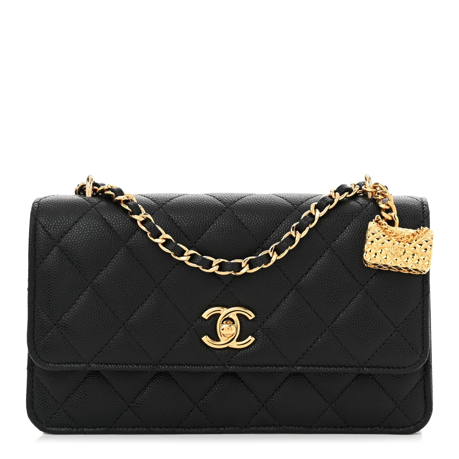 Shiny Caviar Quilted Flap Charm Wallet On Chain WOC Black