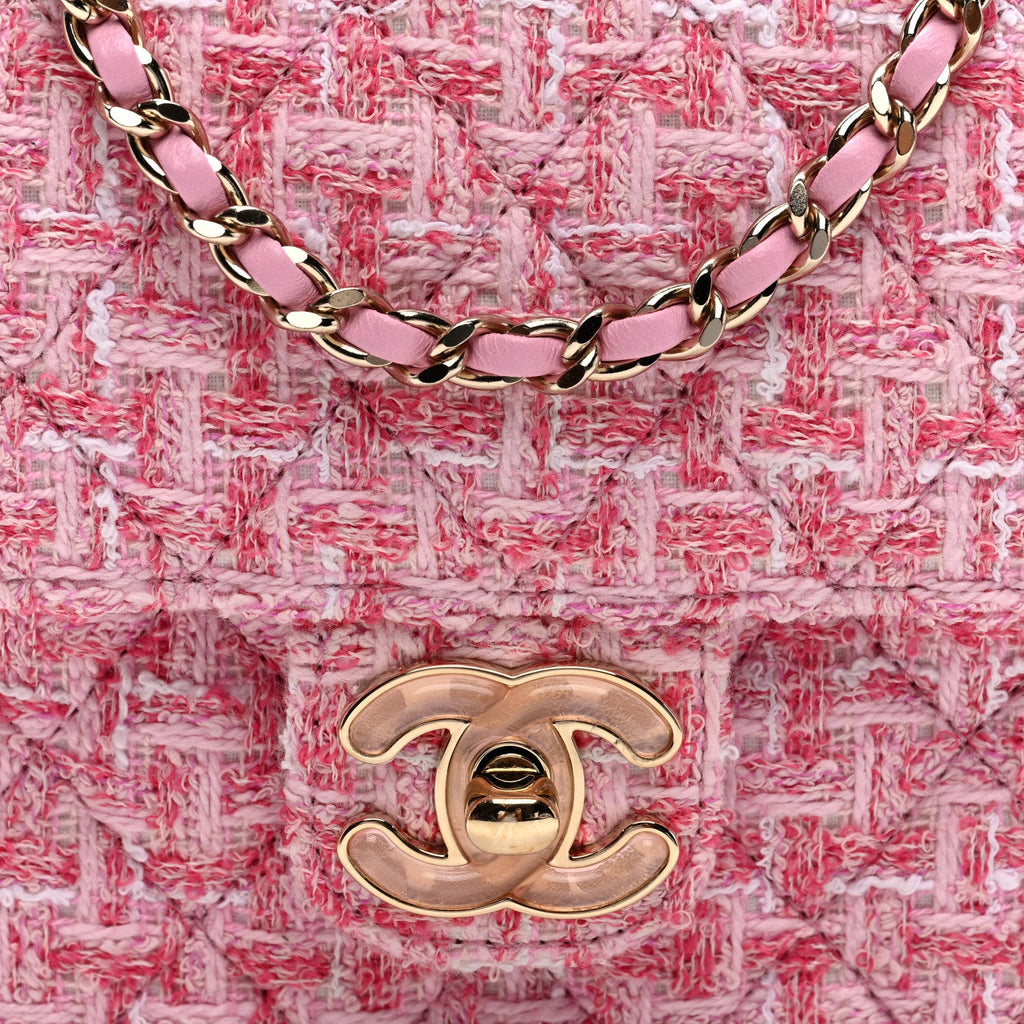 Tweed Resin Quilted Mini Heart Square Flap Pink White