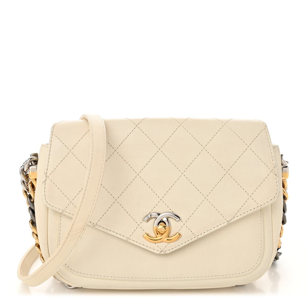 Calfskin Stitched Small Precious Union Flap Bag White