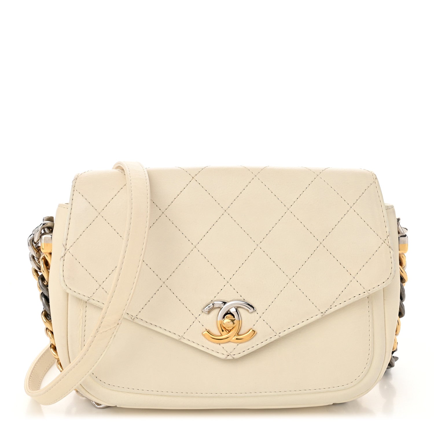 Calfskin Stitched Small Precious Union Flap Bag White