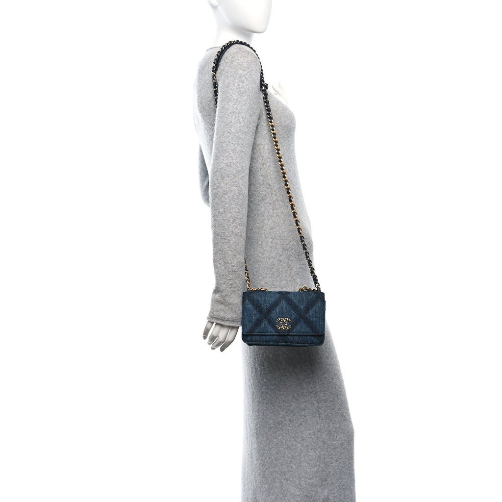 Denim Quilted Chanel 19 Wallet On Chain WOC Blue