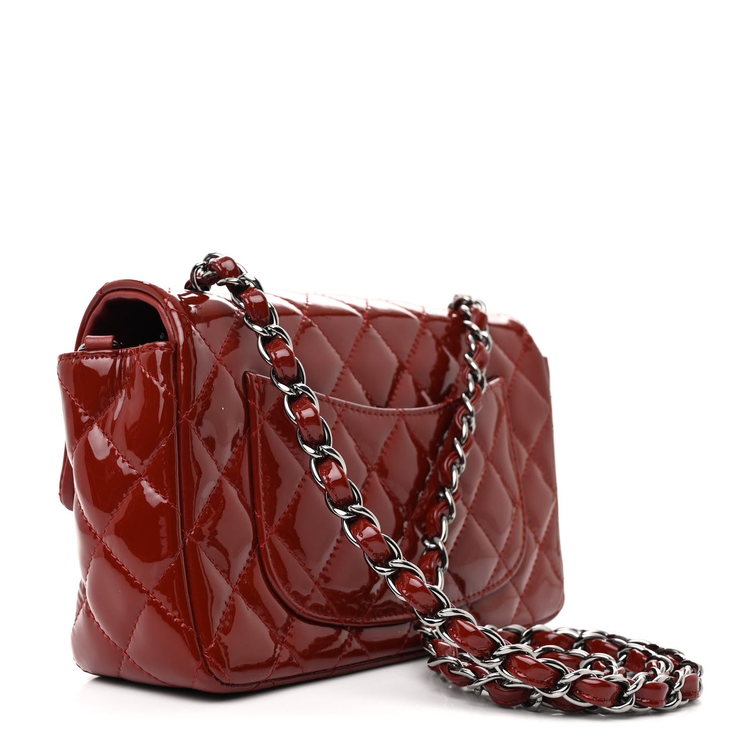 Patent Calfskin Quilted Mini Rectangular Flap Dark Red