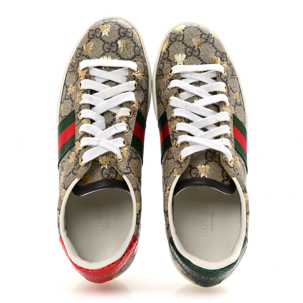 GG Supreme Monogram Bees Ayers Web Womens Ace Sneakers 37 Beige Oro Green Red