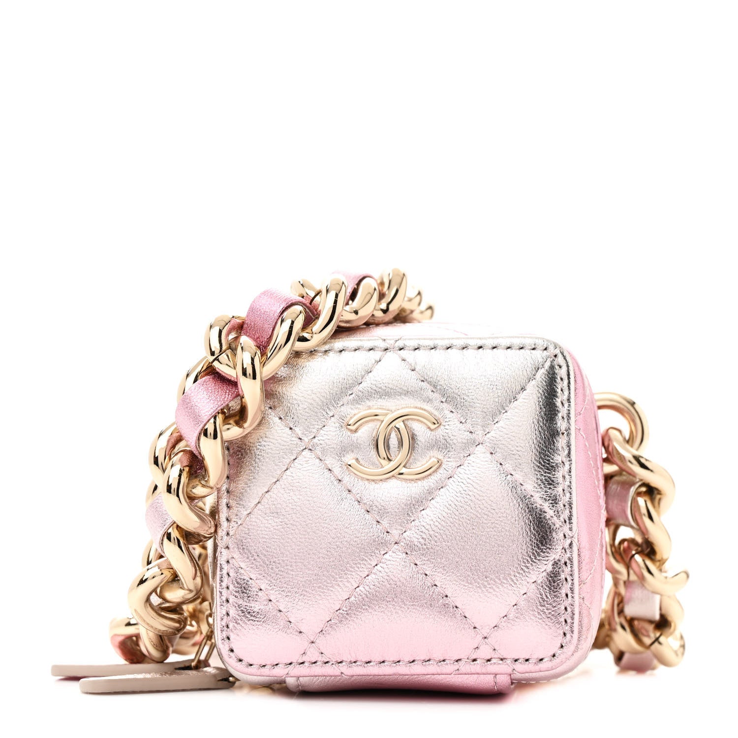 Gradient Metallic Lambskin Quilted Like A Wallet Clutch With Chain Gold Pink