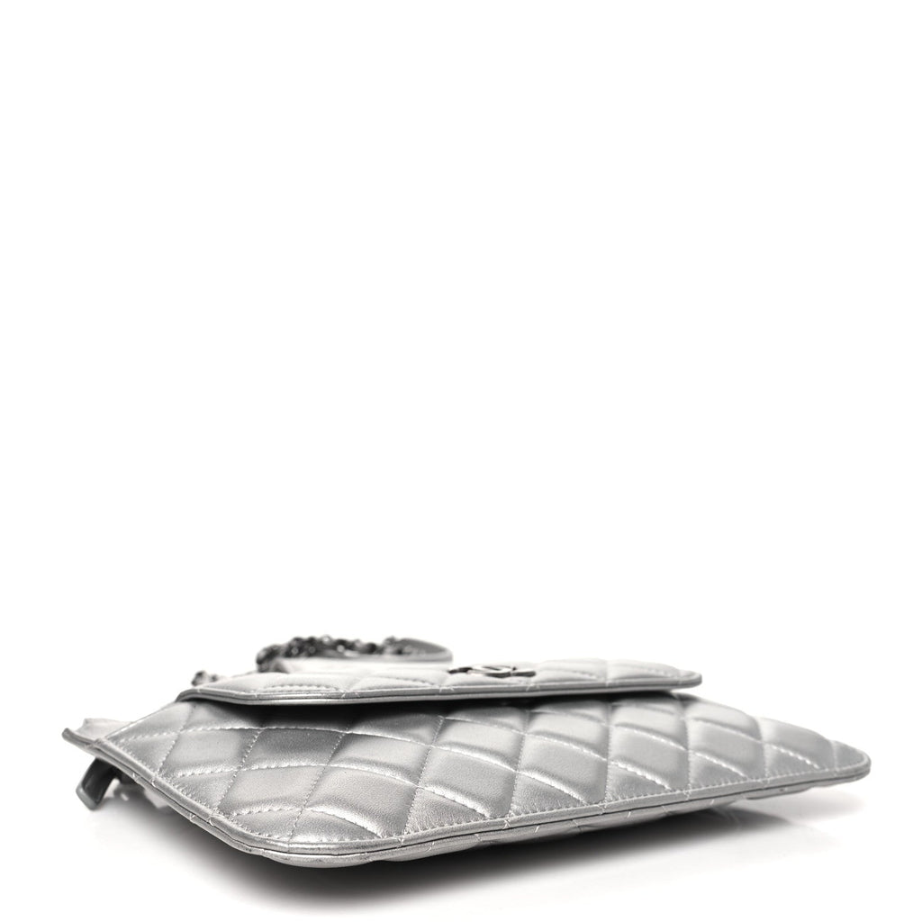 Metallic Lambskin Quilted Clutch With Chain Silver