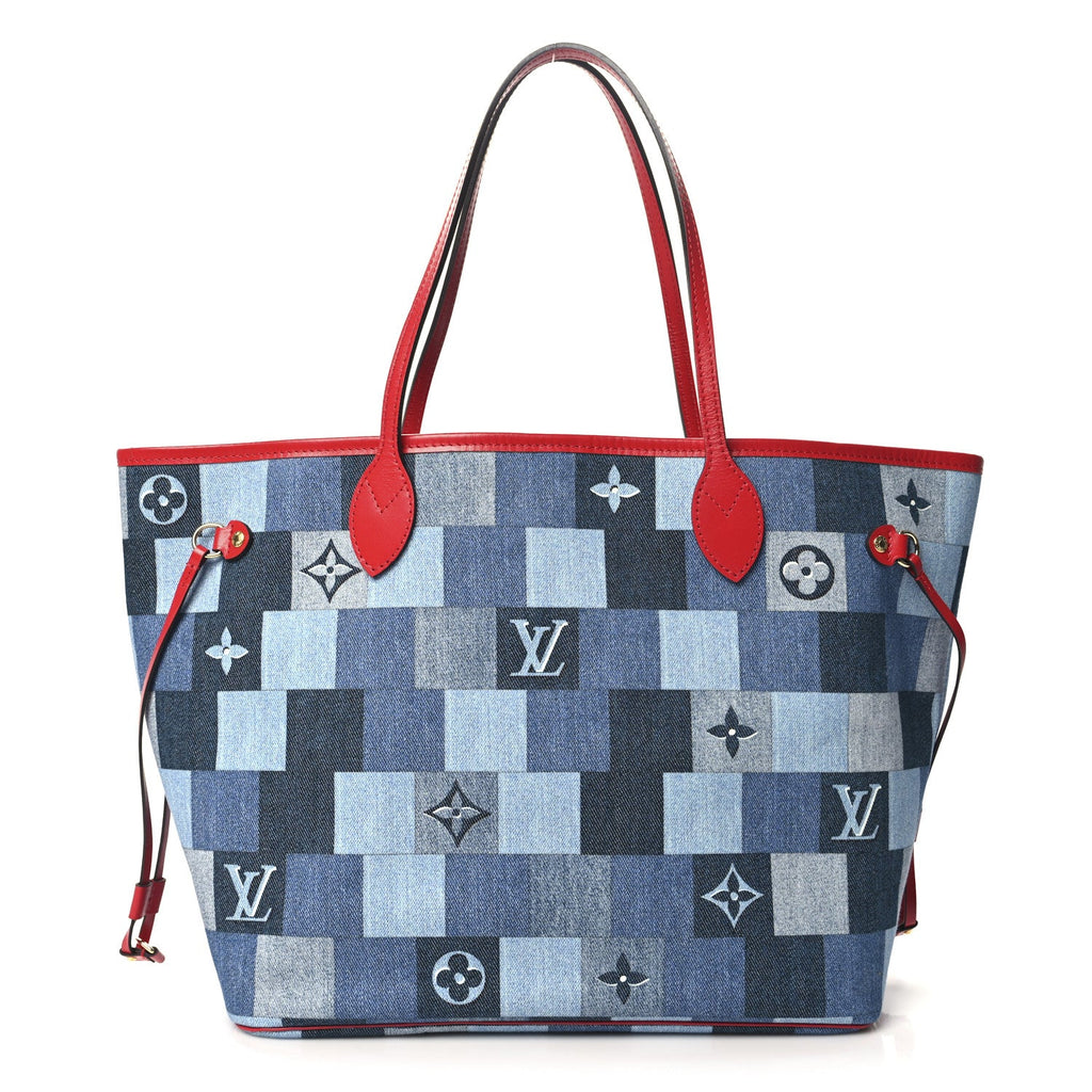 Denim Damier Monogram Patchwork Neverfull Blue Rouge