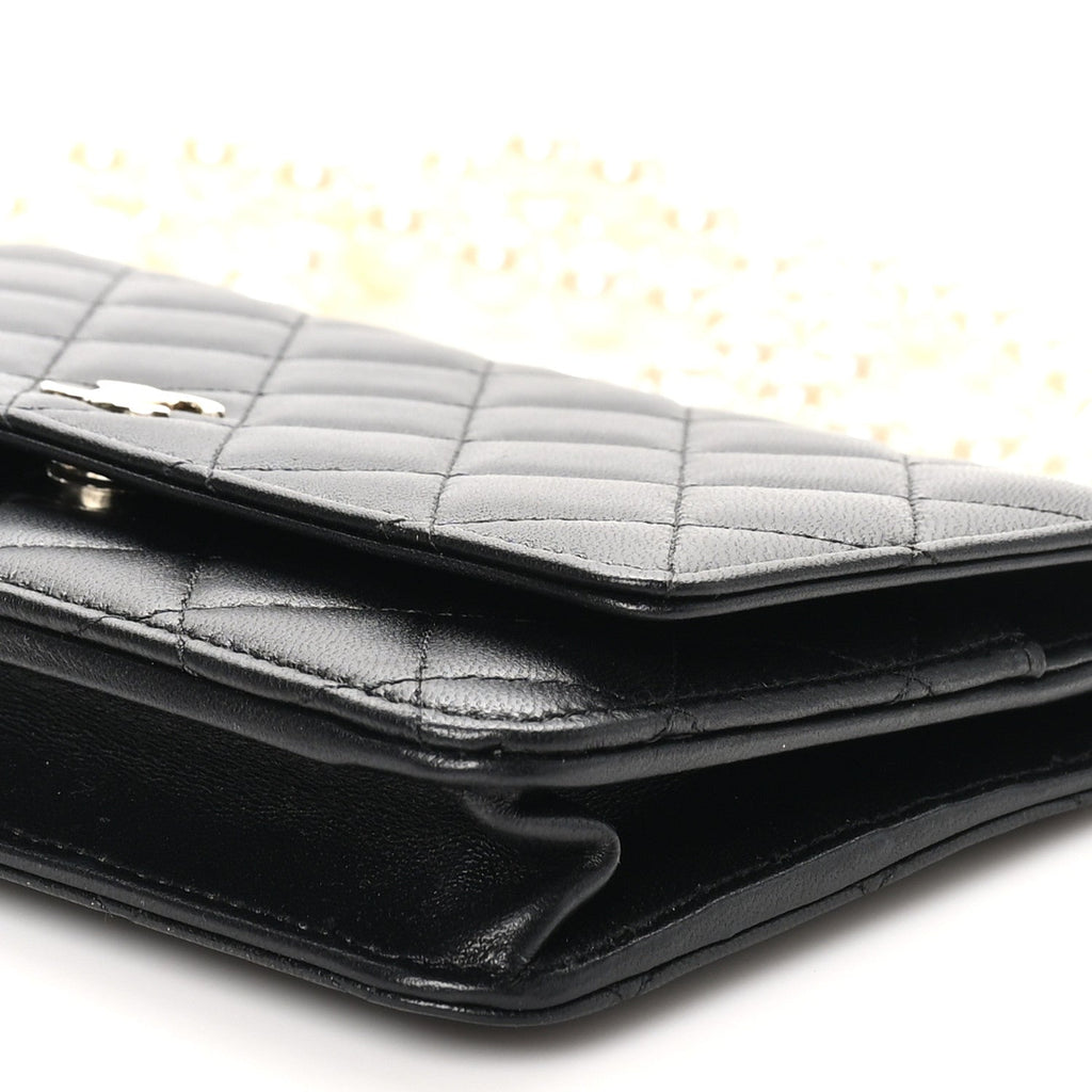 Lambskin Quilted Pearl Wallet On Chain WOC Black