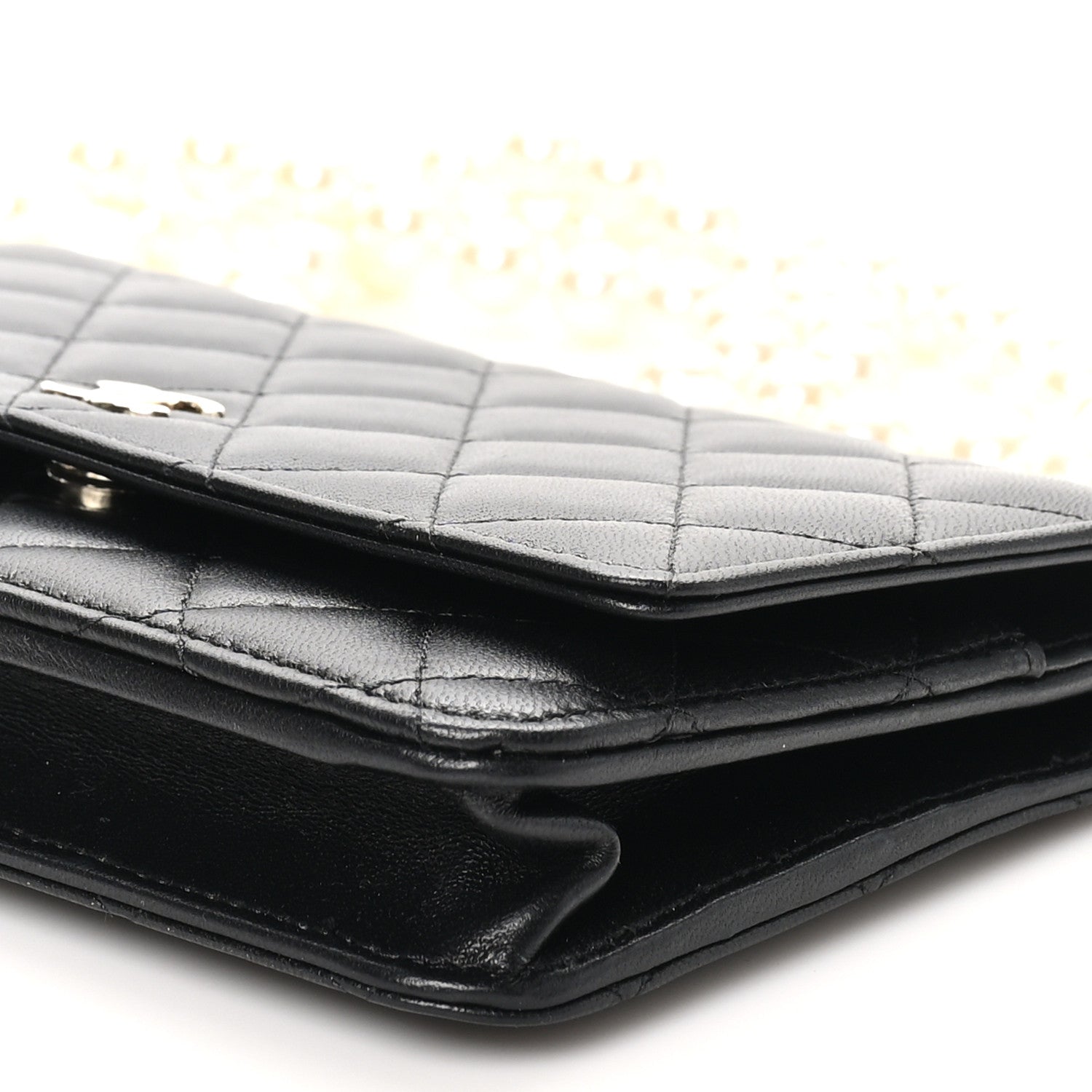 Lambskin Quilted Pearl Wallet On Chain WOC Black
