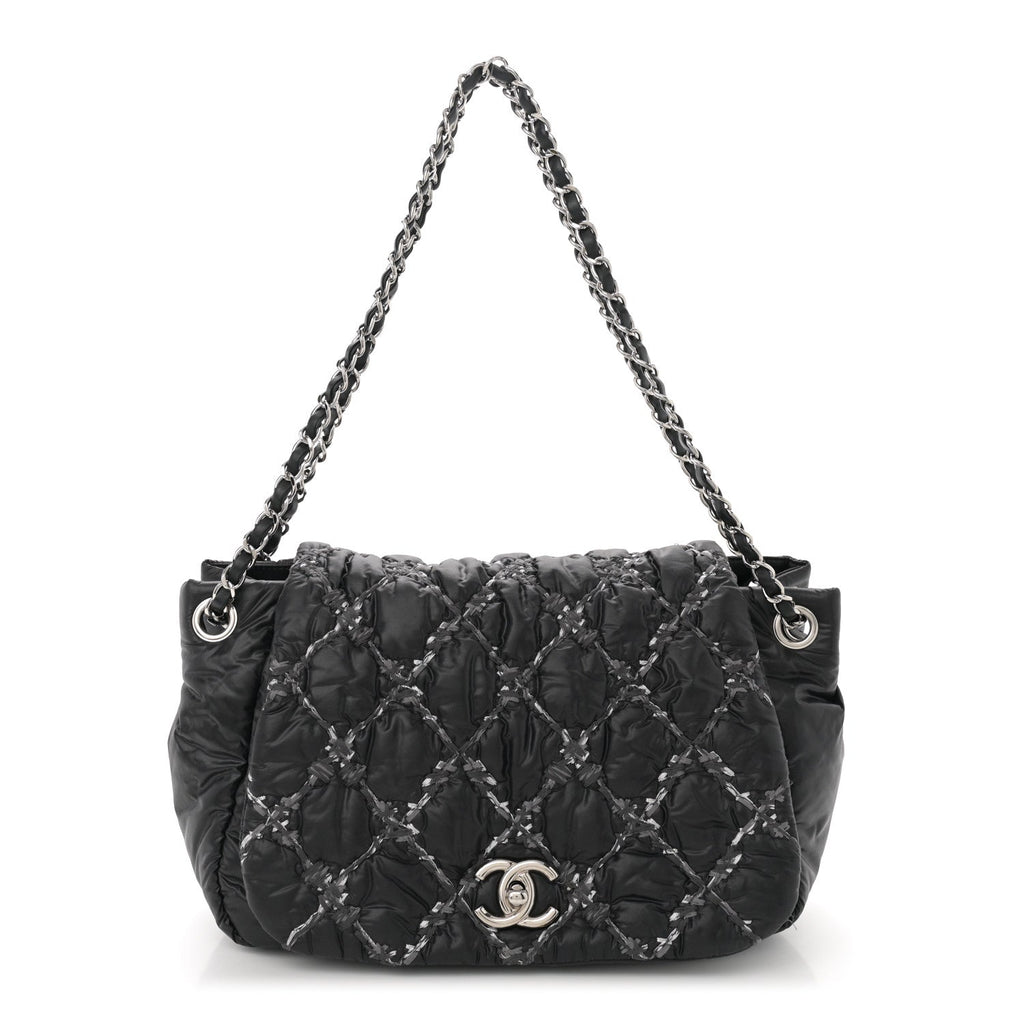 Nylon Quilted Tweed Stitch Bubble Accordion Flap Black