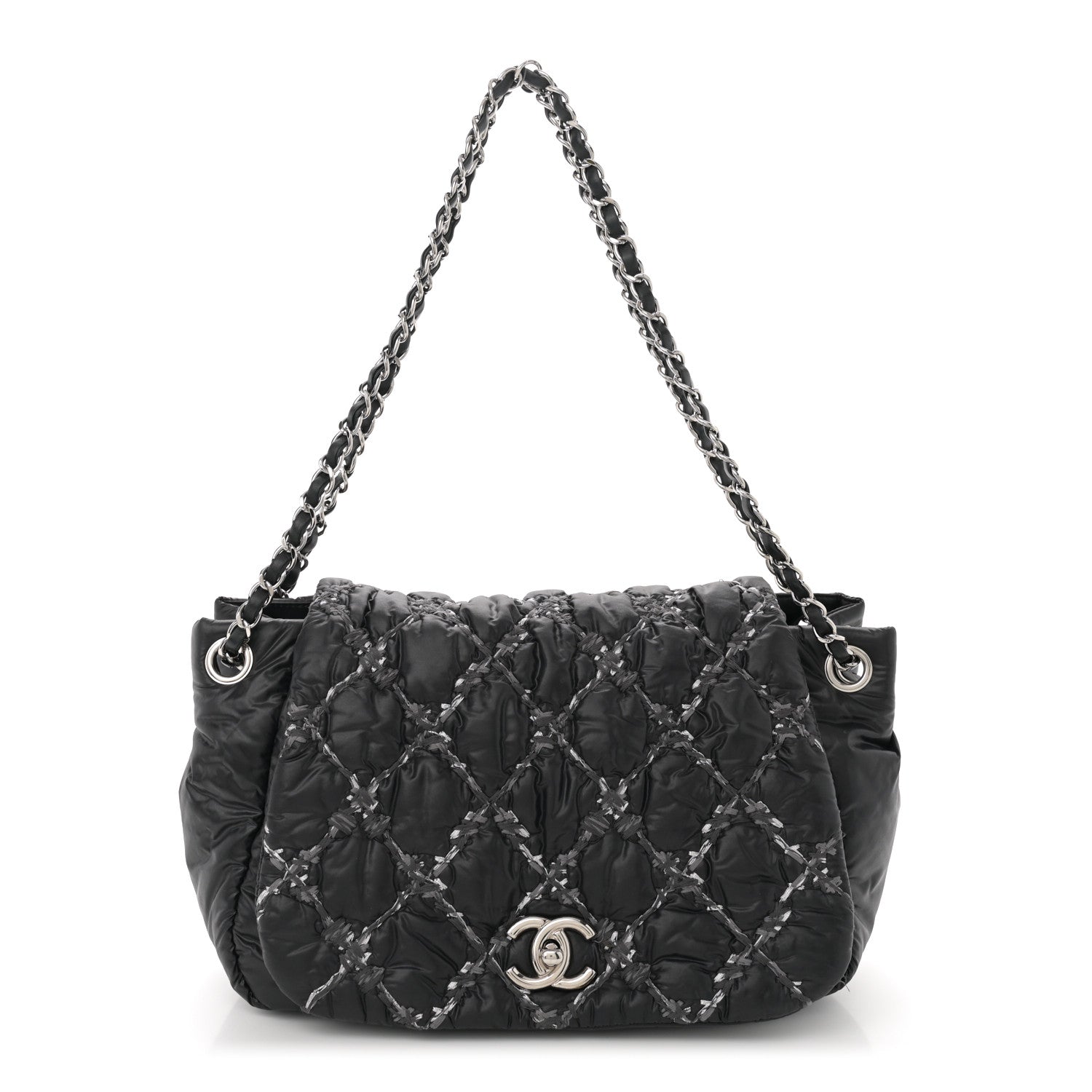 Nylon Quilted Tweed Stitch Bubble Accordion Flap Black
