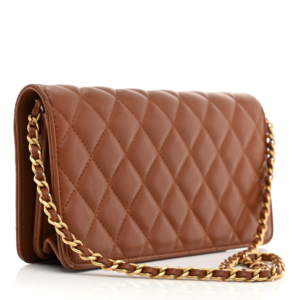 Lambskin Quilted Clutch With Chain Brown