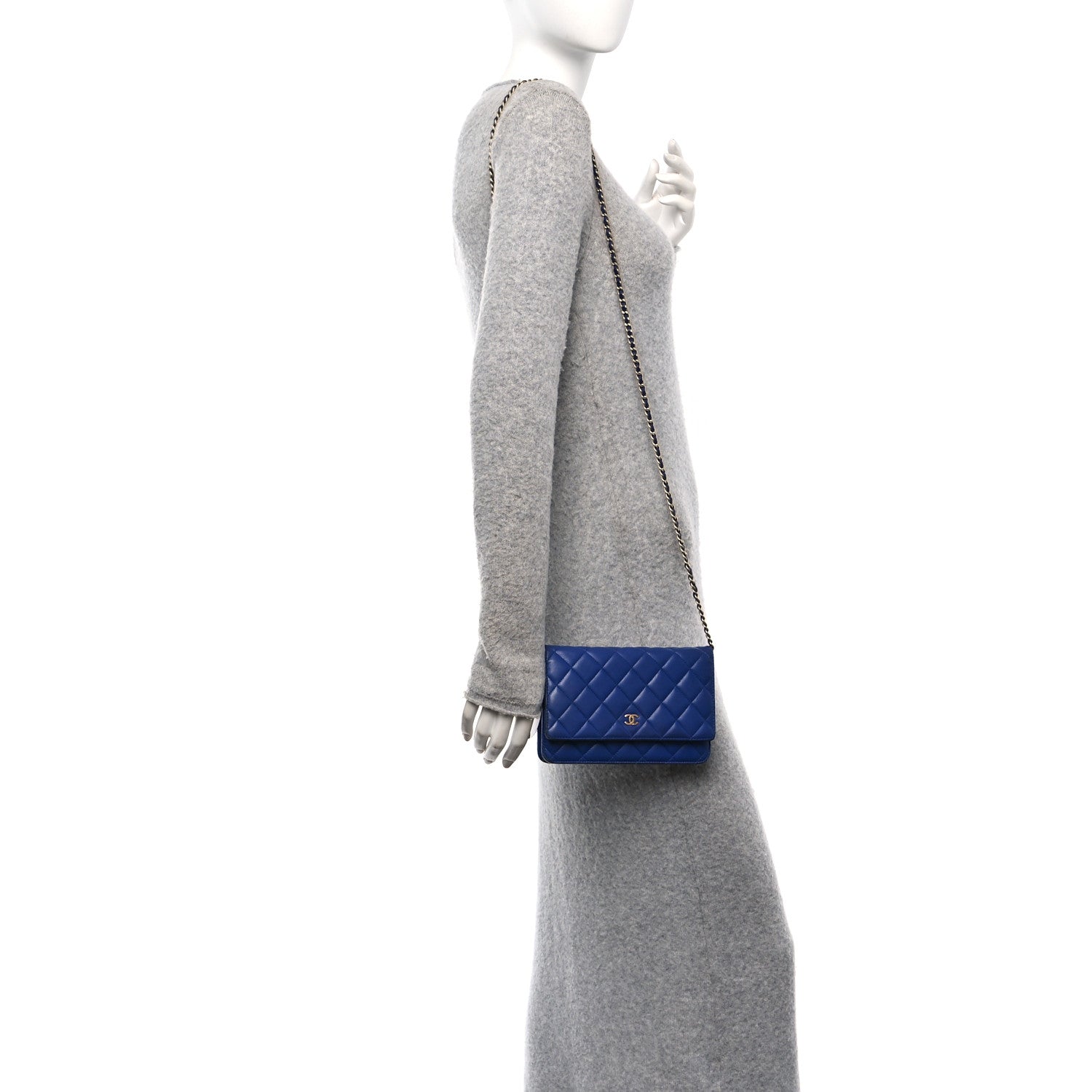 Lambskin Quilted Wallet On Chain WOC  Navy Blue