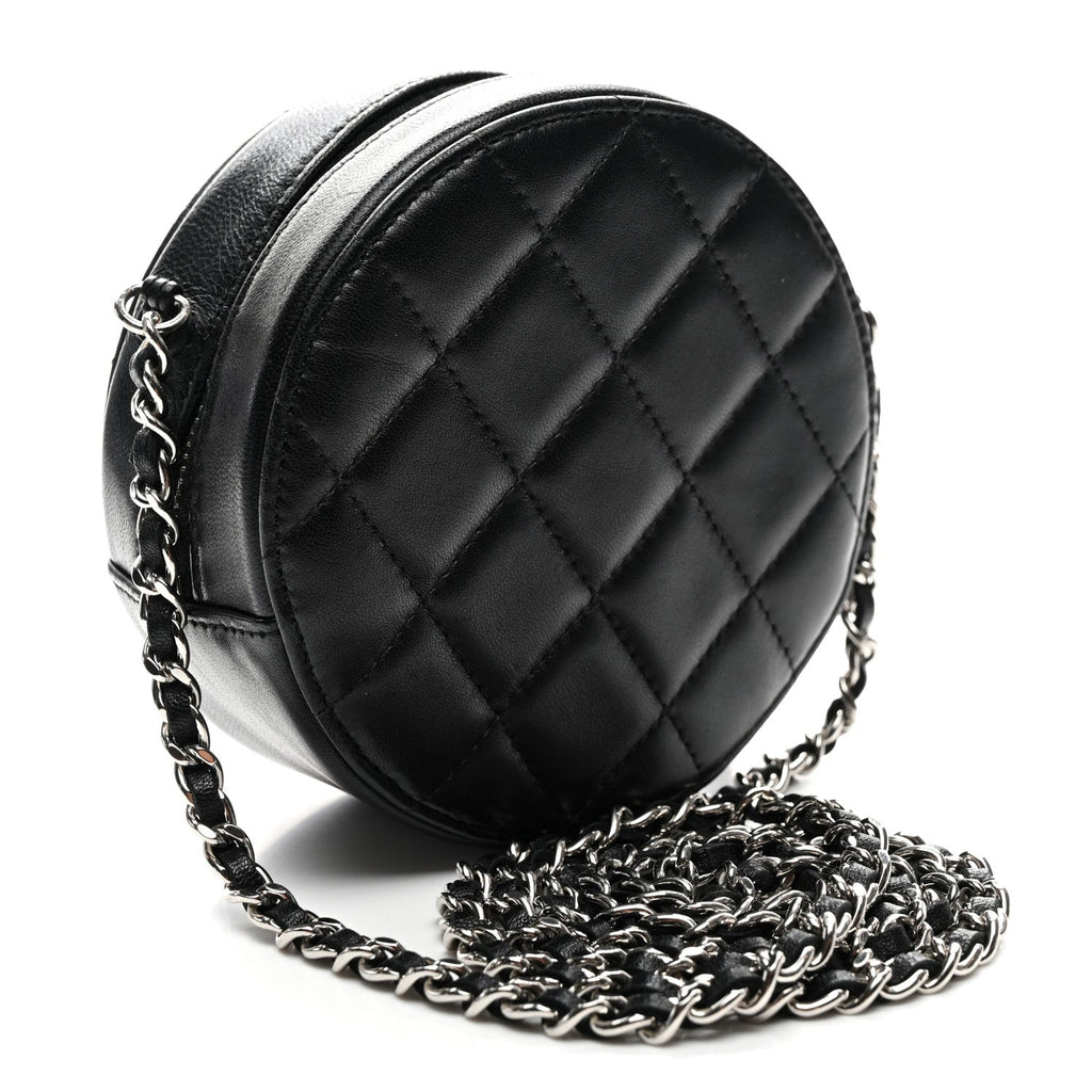Lambskin Quilted Round Clutch With Chain Black