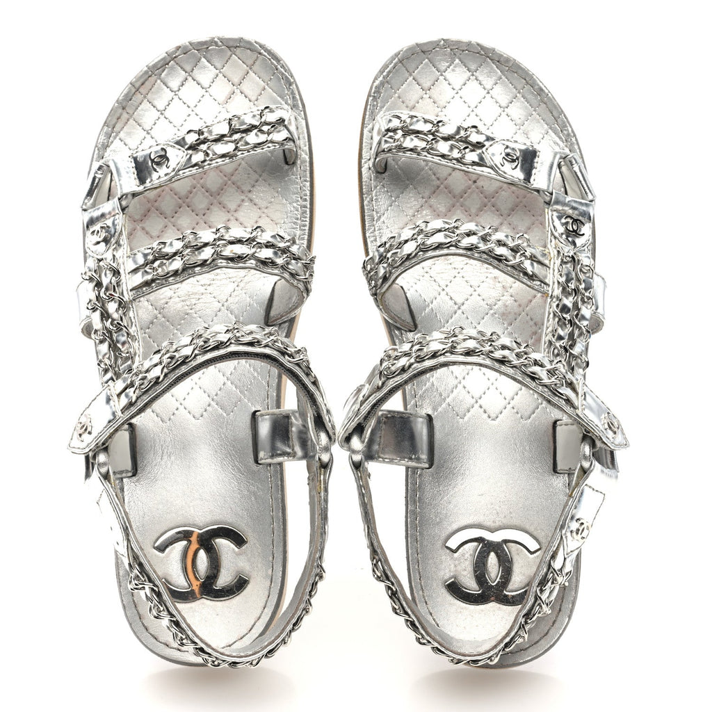 Metallic Laminated Goatskin Chain Flat Sandals 39 Silver